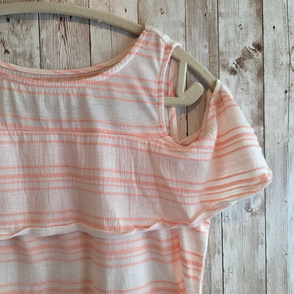 Women's Soho White Pink Striped Cold Shoulder Short Sleeve Tee XS - Picture 3 of 7